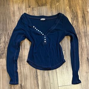 Free People Blue Henley Long Sleeve Top